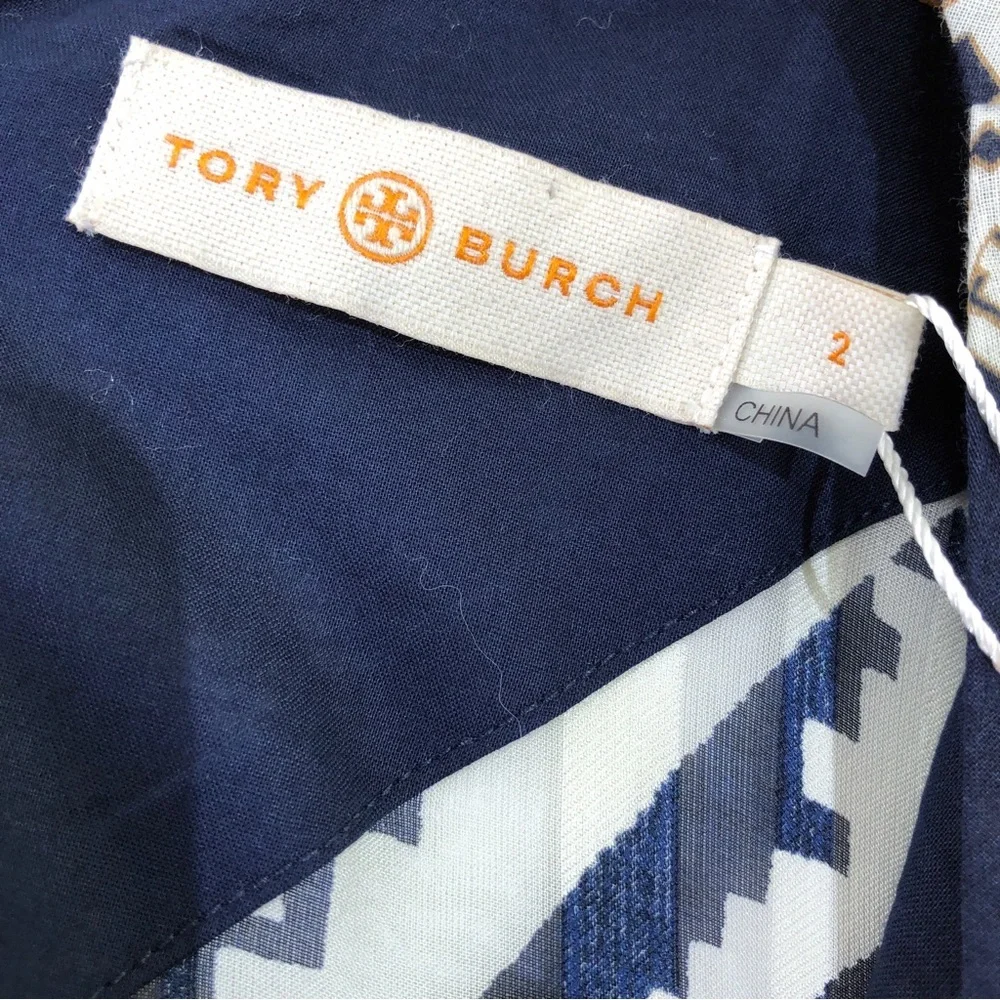 TORY BURCH Beatrice Blue White Geometric Fringe Caftan Beach Cover Up Dress